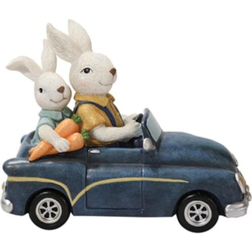 Easter Decoration Car Bunny Rabbit Statue Ornaments Vintage Rustic Micro Landscape Figurine Resin Crafts