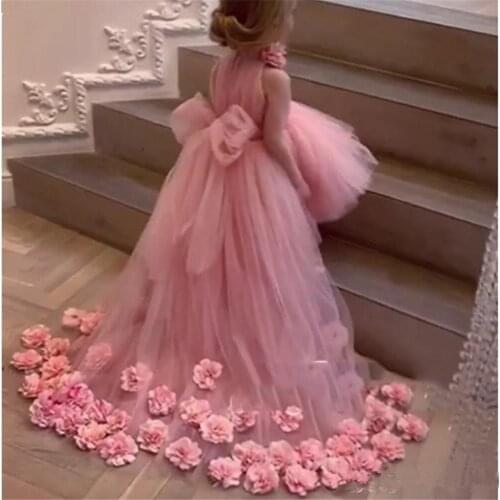 Real Image Lovely Flower Girl Dresses For Wedding High-Neck Tulle Floor Length Ball Gown Junior Bridesmaid Dress For Girls