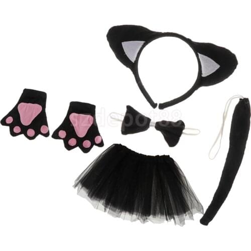 Christmas Girls Kids Birthday Black Cat Costume Set Ear Headband TUTU Skirt Bowtie Gloves Tail Fancy Dress Outfit