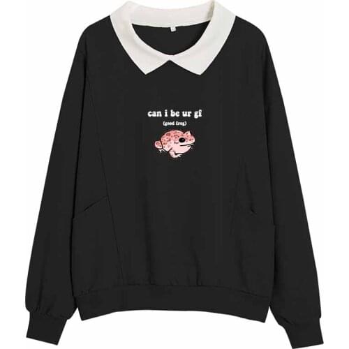 Cute Frog Black Pullover Women Long Sleeve Sweatshirt Casual Fashion Kawaii Hoodies for Girls Harajuku Streetwear Collar Top