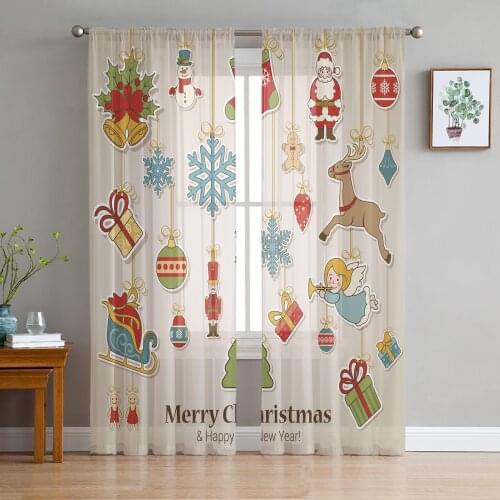 Christmas Elk Cartoon Gift Tulle Curtains for Living Room Decoration Modern Chiffon Sheer Voile Kitchen Curtain