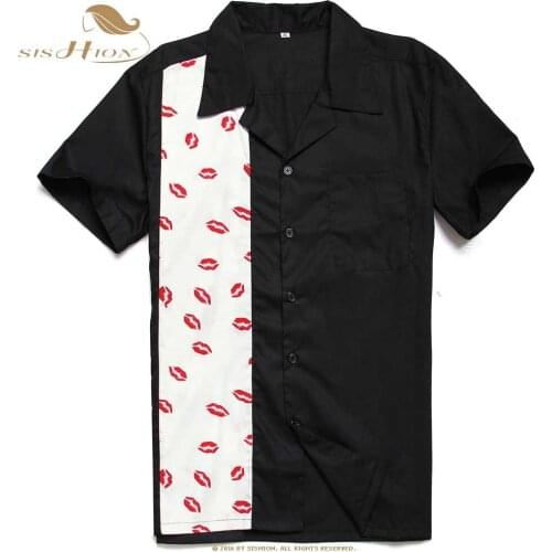 SISHION Classic Retro Shirt Men Clothing Tops ST110 Red lips Print Short Sleeve Button Up Men Bowling Shirt overhemden heren