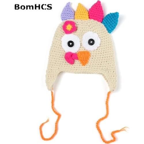 BomHCS Thanksgiving Turkey Handmade Knitted Crochet Beanie Cap for Baby with Pigtail Braids Photography Props (Fits 6-24 Months)