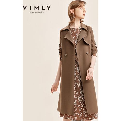 Vimly England Style Trench Coat Fashion Notched Double Breasted Solid Slim Winter Clothes Female Long Jackets F0629