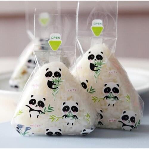 100pcs Cartoon Panda Triangle Rice Ball Packing Bag Anti-fog Easy Tear Sushi Packaging Bag Send Stickers