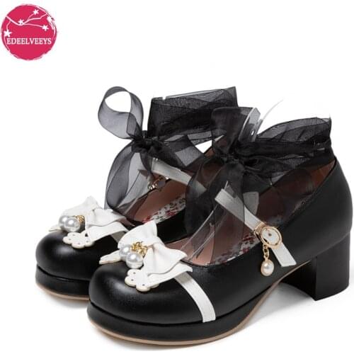 Japanese Sweet Lolita Shoes Bow Harajuku Heels Women Cute Korean Girls Pumps Round Head Kawaii Princess Cosplay Causal Ribbon