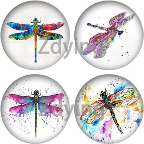 Zdying 10pcs Colorful Dragonfly Watercolor Art Picture Round Glass Cabochon Dome DIY Earrings Necklace Pendant Jewelry Findings