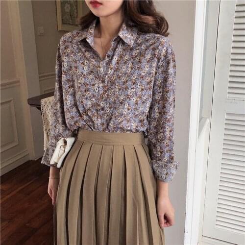 Women Summer Casual Floral Blouse Long Sleeve Turn-down Collar Shirt Loose Tops