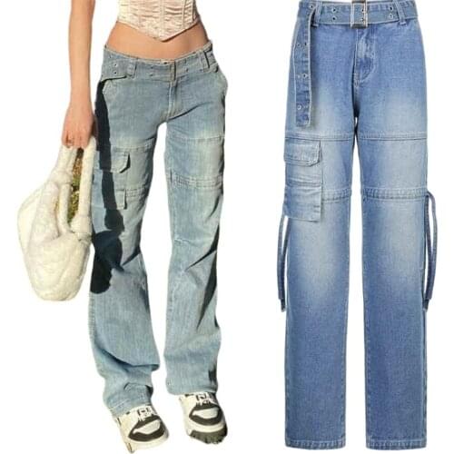 Female Big Pocket Jeans Fashion Street Belt Retro Jeans Mid-Waist Drawstring Stitching Straight-Leg Jeans Women