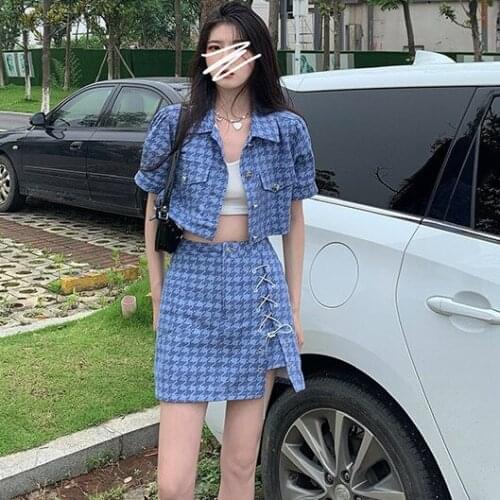 2021 Summer Two Pieces Set Hip Wrap Sexy Blue Jacket Split Skirt Suit Fashion Cool Sweet High Street Casual Women Clothes
