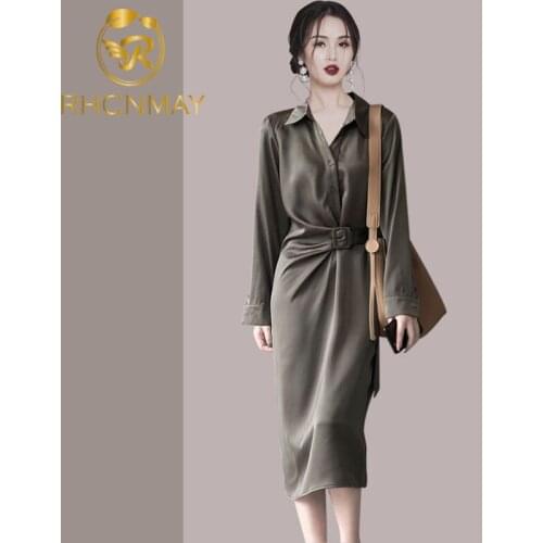 Elegant Stain Office Shirts Dress 2021 New Long Sleeve Single Breasted Chic Female Straight Dress Sashes Spring Summer
