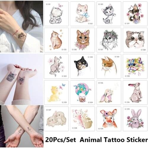 10-20Pcs Animals Cat Temporary Tattoo Sticker Watercolor Tattoos for Women Body Art Child Girls Hand Water Transfer Fake Tattoo