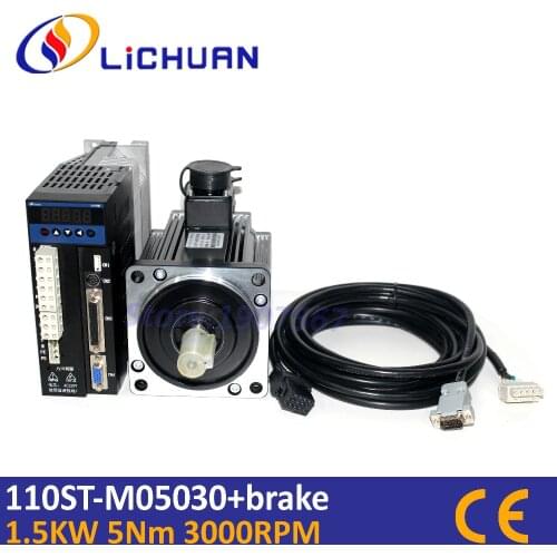 1500W 110mm 5N.m servo motor kit with brake 3000rpm 220v 708oz.in 110ST-M05030 AC sevomotor set for beads machine woodworking