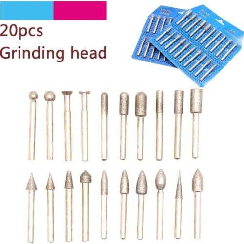 20pcs 6mm Shank Diamond Coated Grinding Cutting Head Rotary Carving Die Grinder Points Burrs Drill Bits Polishing Tools Set