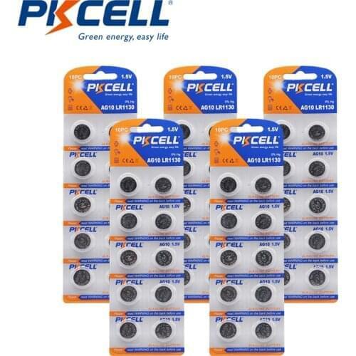 50pcs/5Card PKCELL 1.5V Button Cell Coin Alkaline Battery AG10 Battery LR1130 389A LR54 L1131 189 LR54/189/L113