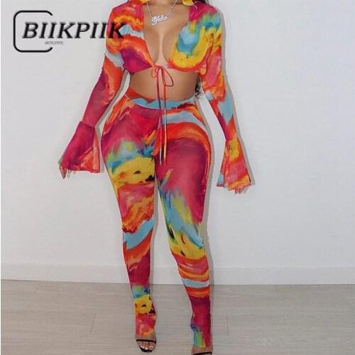 BIIKPIIK Women Skinny Print Sexy 2 Piece Sets Drawstring Casual Lounge Wear Female Suits Summer V-Neck 2021 Vacation Outifits