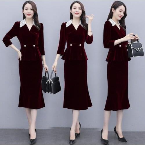 Temperament Gold Velvet Suit New Womens Professional Slim Fishtail Skirt + Sexy Top 2-Piece Set
