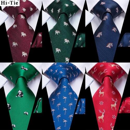 Hi-Tie Green Blue Animal Gift Silk Wedding Tie For Men Handkerchief Cufflink Nicktie Set Fashion Design Business Party Dropship