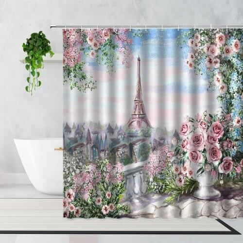 Oil Painting Paris Tower Shower Curtain Pink Flowers Dream Fairy Tale Girl Bathroom Bath Curtains Bathtub Screen With Hooks Set