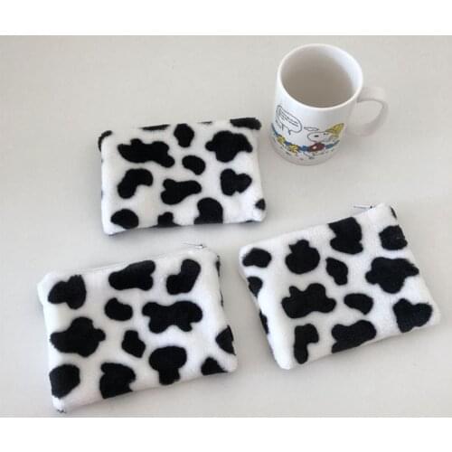 Women Girl Cow Pattern Plush Purse Cartoon Wallet Coin Money Credit Card Key Holder Zipper Bag