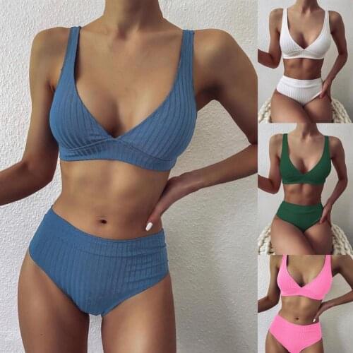 Summer Bikinis Set Women Swimwear High Waist Low Cut Neck Polyester Bikini Ribbed Bathing Suit Beach Wear Swimsuit