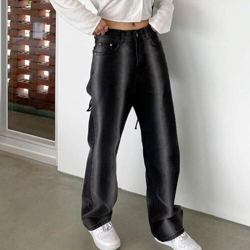 Autumn New Casual Baggy Straight Pants Women Oversized 90s Vintage Jeans Black Gradient Stripe Denim Pants High Waist Trousers