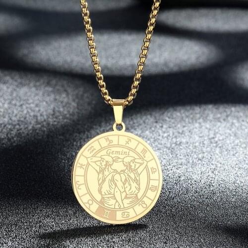 12 Constellation Gemini Sign Medal Necklace Women Men Zodiac Star Fashion Stainless Steel Rune Vintage Necklace Gift