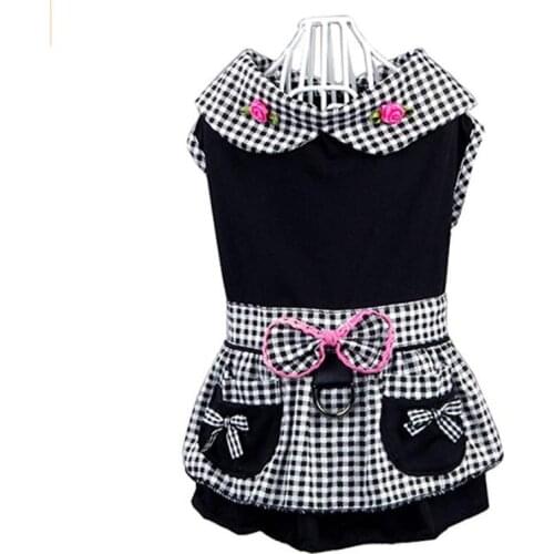 Dog Dresses Black Plaid Dog Clothes Built-in Harness Dress for Dogs Soft Rose Bowknot