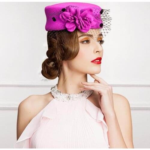 High Quality Lady Wool Fedoras Veil Flower Bowknot Hat Banquet Wedding Bride Vintage Hat For Women Church Classic Hat