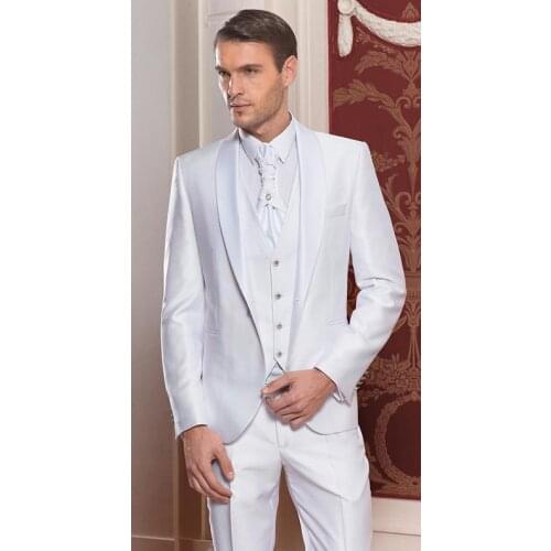 High Quality One Button White Groom Tuxedos Shawl Lapel Groomsmen Best Man Wedding Prom Suits (Jacket+Pants+Vest+Tie)