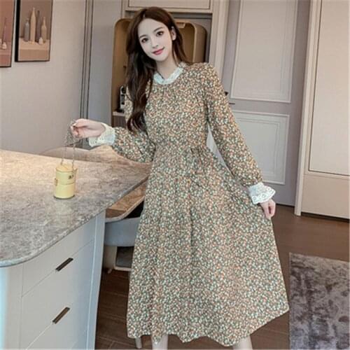 2021 New Spring Summer Vintage Floral Printing Womens Long Dresses Straight Long Sleeve Stand-up Collar Female Loose Dress 269