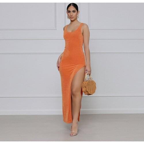 2021 Summer Womens New Fashion Pure Color Halter High Slit Tight Sexy Sleeveless Vest Dress Slim Temperament