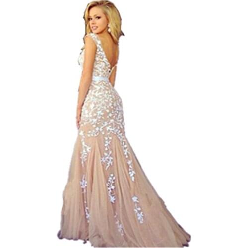 Elegant White Lace Appliques Champagne Mermaid Dress Prom 2016 New Arrival Women Evening Party Gowns