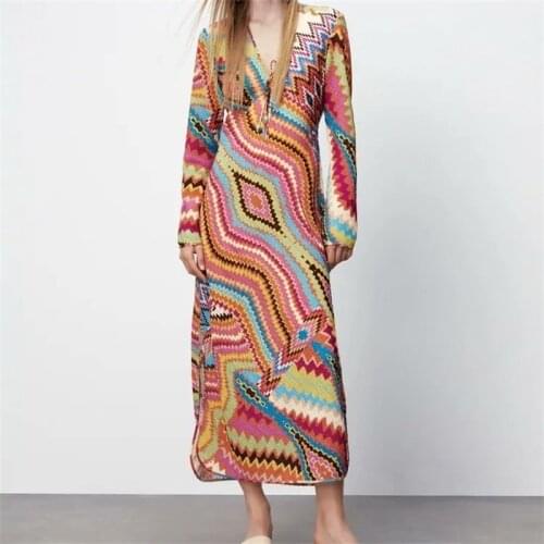 MESTTRAF Women 2021 Fashion With Drawstring Printed Midi Dress Vintage Long Sleeve Side Vents Female Dresses