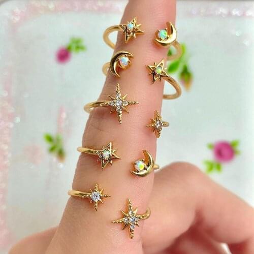 2021 NEW Christmas gift fine silver jewelry gold plated vermeil white opal moon star open finger delicate rings 925 silver
