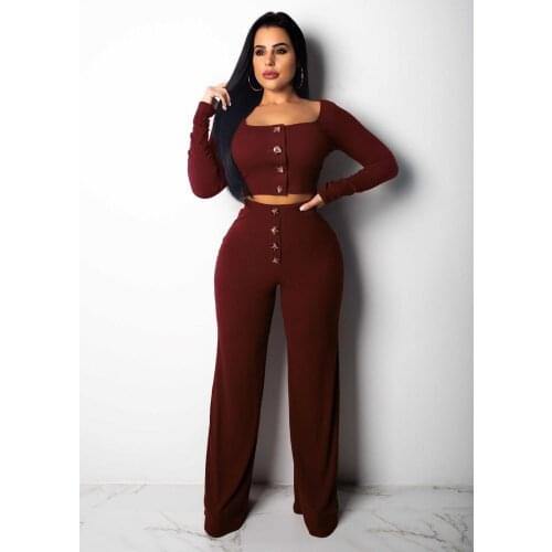 AHVIT Fashion Single Breasted Casual Women Two Piece Set Long Sleeve Round Collar Crop Top And Hight Waist Loose Pants OF6154