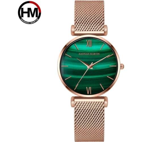 Hannah Martin Ladies Watch Green Malachite Dial Ladies Japan Quartz Luxury Watch Stainless Steel Strap Waterproof Watch Gift