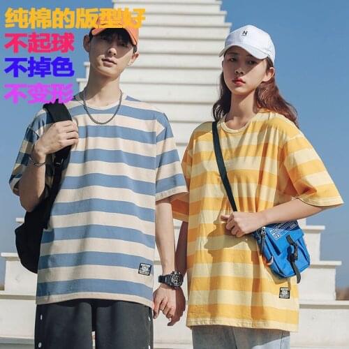 High-Quality Cotton Casual Simple Striped T-Shirt 2021 Summer Harajuku Loose Everyday All-Match Clothes England Style Streetwear