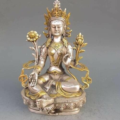 China antique Tibet silver gilt copper Buddhist green Tara statue