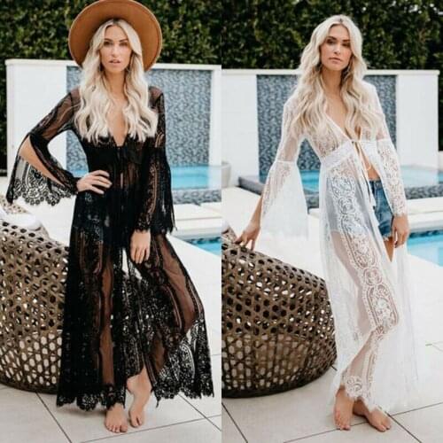 Meihuida Women Sexy Bikini Cover Up Cardigan Long Dress Long Sleeve Sarong Kaftan Lace Crochet Dress Beach Wear
