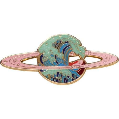 Galaxy Great Waves of Saturn Glitter Metal Enamel Lapel Clothes Coats Backpack Bag Badge Brooch Pin Accessories