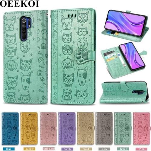 OEEKOI Cartoon Style Cat Dog Wallet Flip Cover Case for Xiaomi Redmi 9 with Card Slot Holder