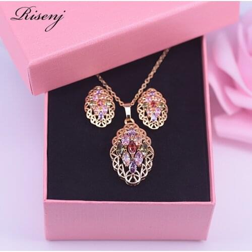 Marquise Top Zircon Colorful Crystal 18K Gold Jewelry Set For Women Stud Earrings Necklace Set Free Shipping