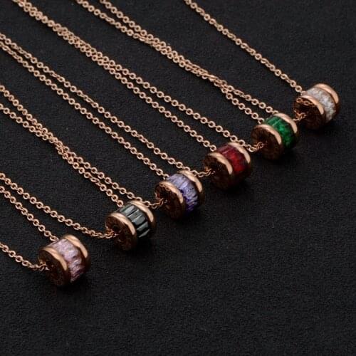 Color Rhinestone CZ Round Pendant Rose Gold Plated Stainless Steel Lady Necklace