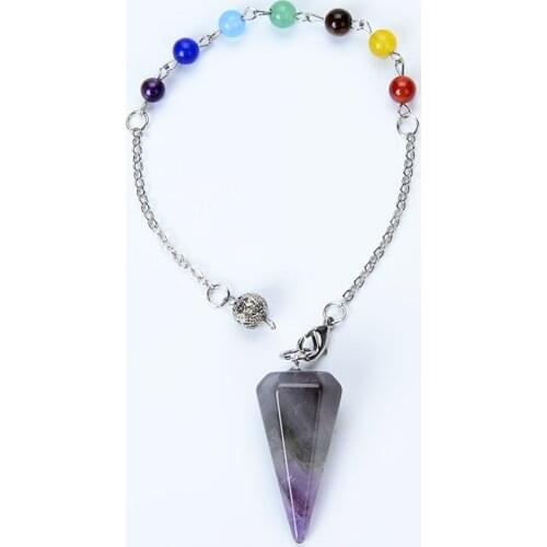 New Hexagon Pyramid 7 Stone Beads Chain Chakra Pendulum Natural Stone Purple Quartz Amethysts Pendant Fashion Charm Jewelry