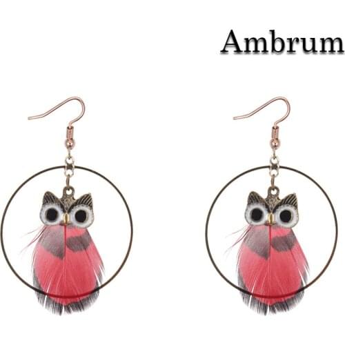 Ambrum Owl Dangle Drop Earrings,Colored Feather Animal Cute Jewelry for Birthday Gift