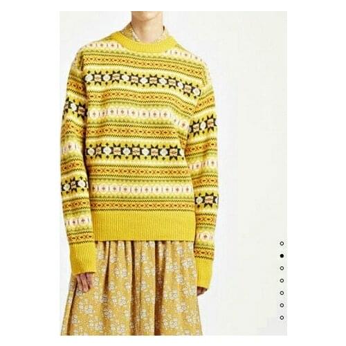 Scottish Yellow/Grey Fair Isle Jacquard Crew Neck Wool/Cashmere Sweater Cozy Colorful Geometric Crochet Dropped Ribbed Knitwear
