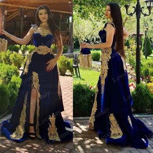 Royal Blue Velvet Caftan Evening Dresses 2021 Sleeveless Appliques Evening Gowns Arabic Elegant вечернее платье Prom Gowns