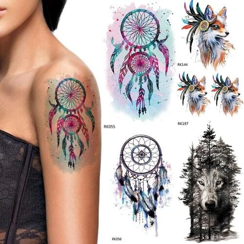 IORIKYO Flash Watercolor Dream Catcher Tattoo Women Arm Stickers Temporary Tattoo Men Jungle Wolf Waterproof Tatoo Windbell Fox