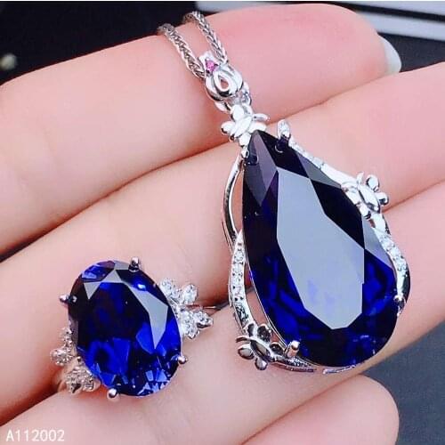 KJJEAXCMY fine jewelry natural sapphire 925 sterling silver women gemstone pendant necklace ring set support test lovely